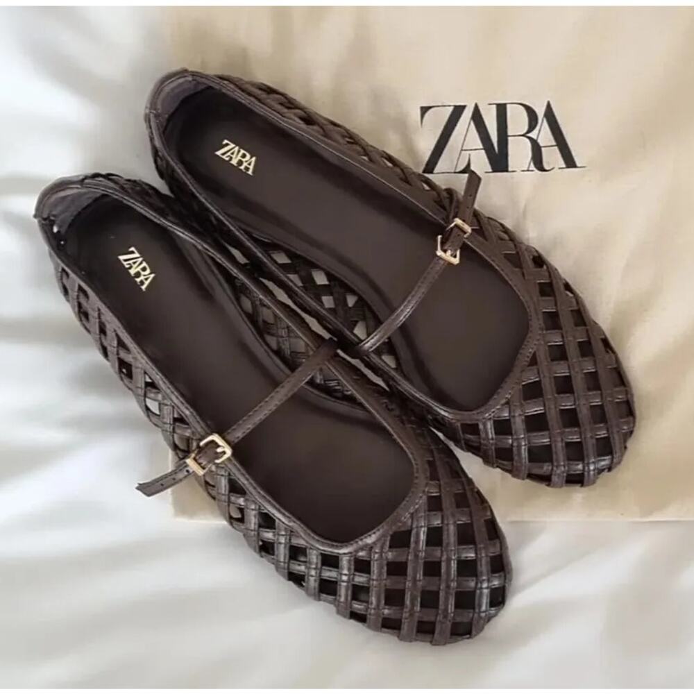 Zara Dark Brown Woven Mary Jane Flats - Picture 7 of 14